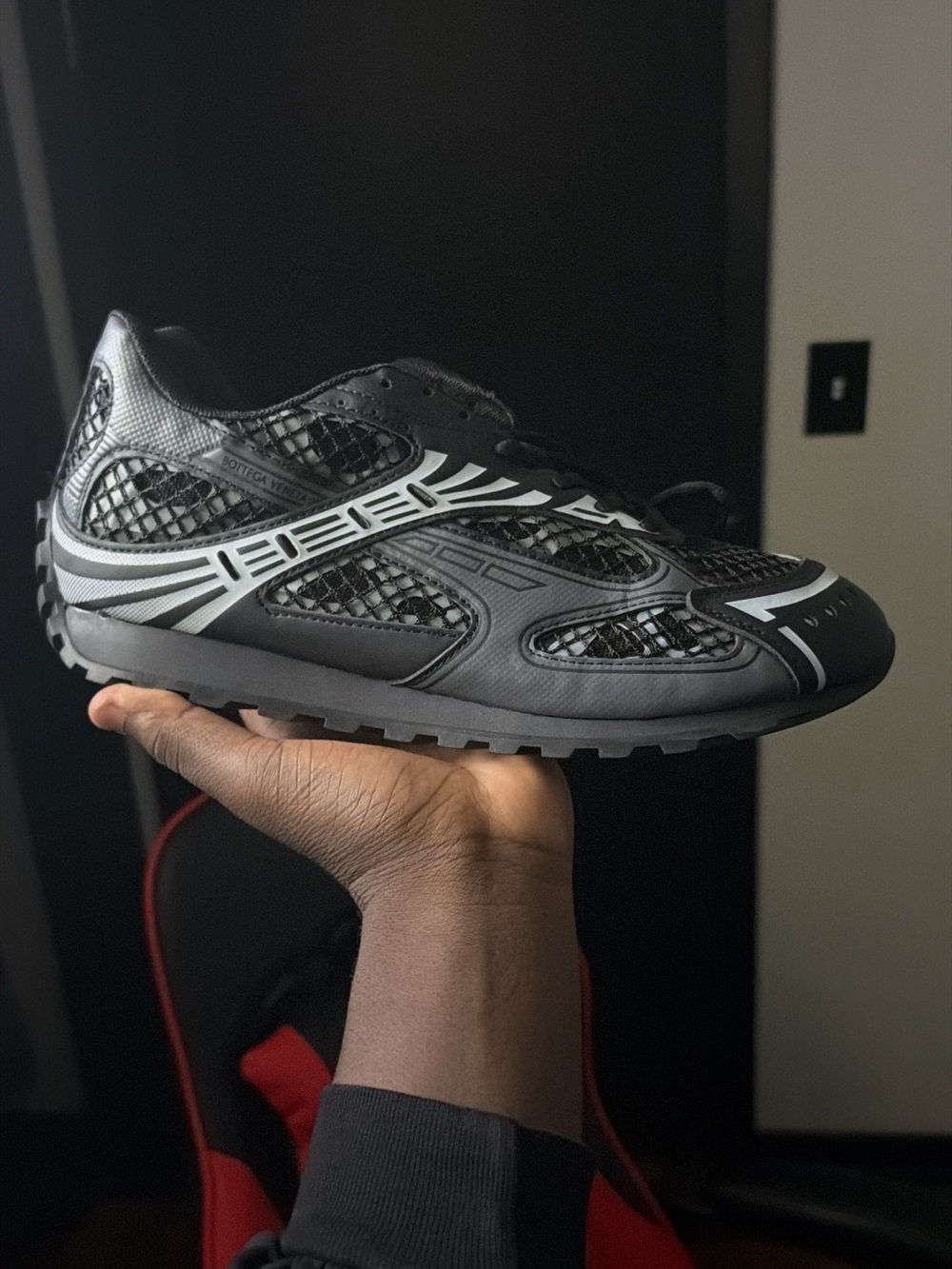 Bottega Veneta Black and Silver Men’s Mesh Runner Sneakers